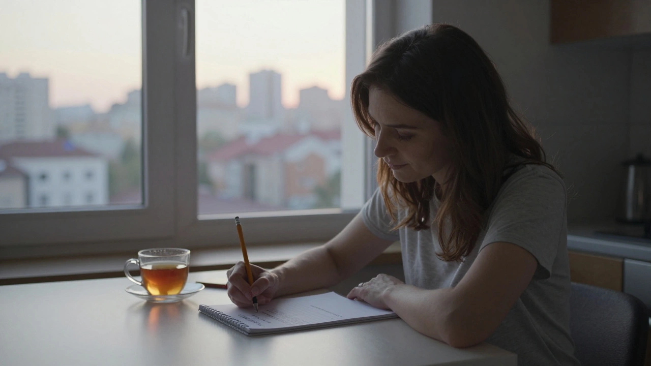 Жінка пише резюме вдома на кухні вранці, крізь вікно видно міський пейзаж Києва.