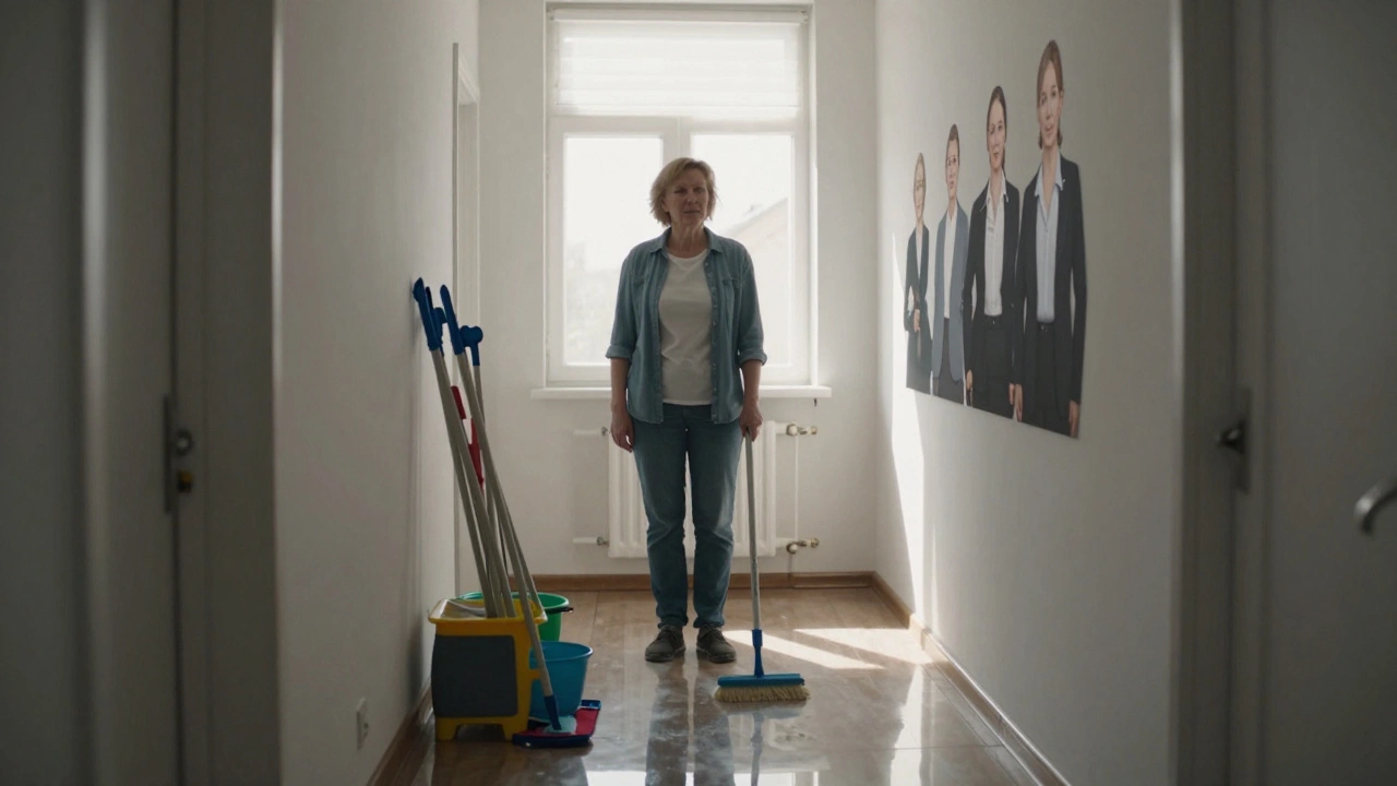 Жінка початку 60-х стоїть у коридорі, її відображення на підлозі показує шлях від прибиральниці до керівниці.