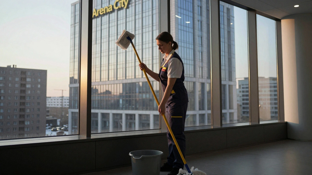 Жінка прибирає офіс у великому торговому центрі Києва ранком.