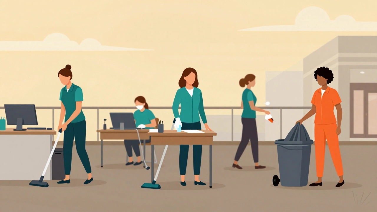 Жінки різного віку працюють як прибиральниці в різних закладах Києва: офісі, школі, ТЦ.