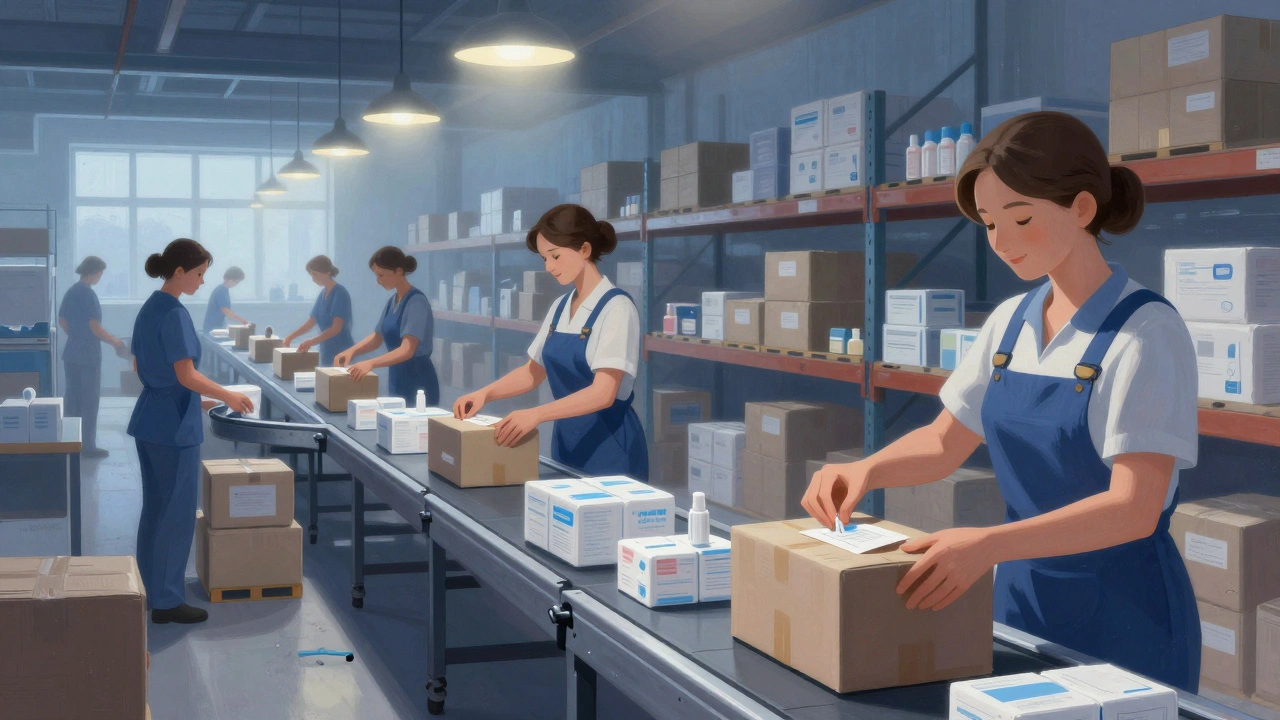 Жінки упаковують медичні товари на складі в Києві ранком, світло падає зверху, контури яскраві, атмосфера організованої роботи.