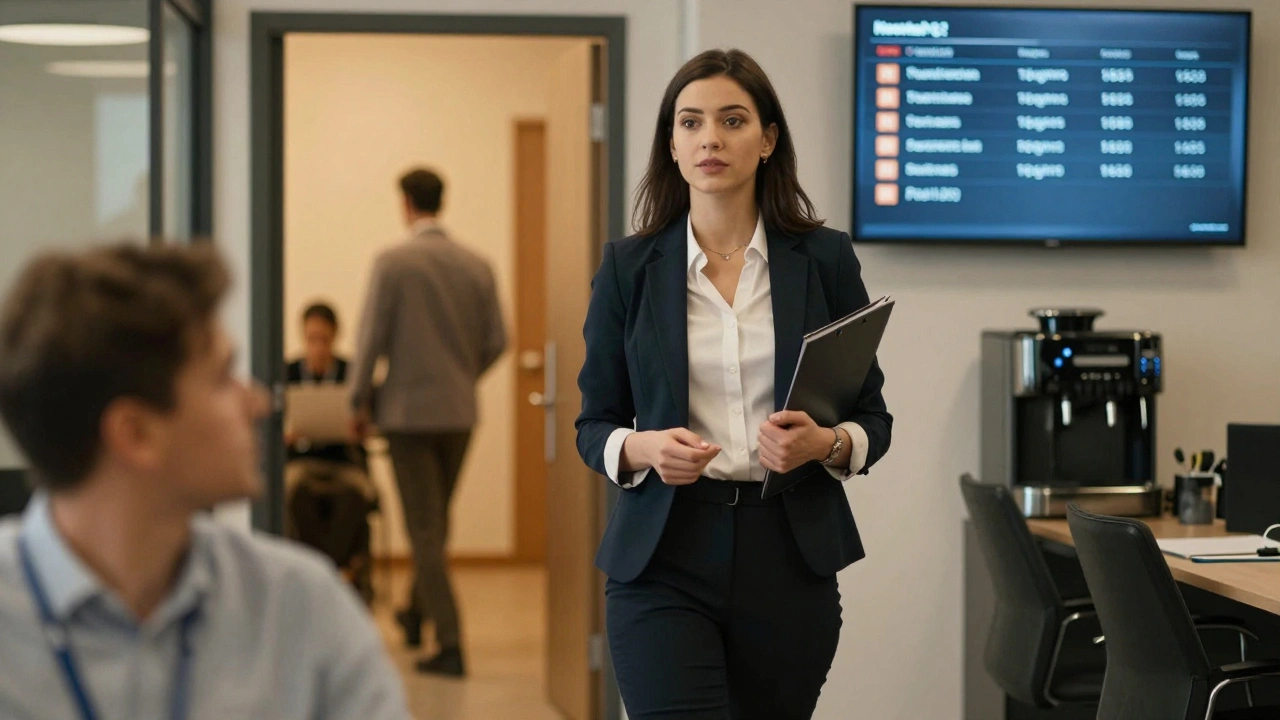 Адміністратор розмовляє з колегою в офісі Києва, на фоні — екран з розкладом і кавоварка.