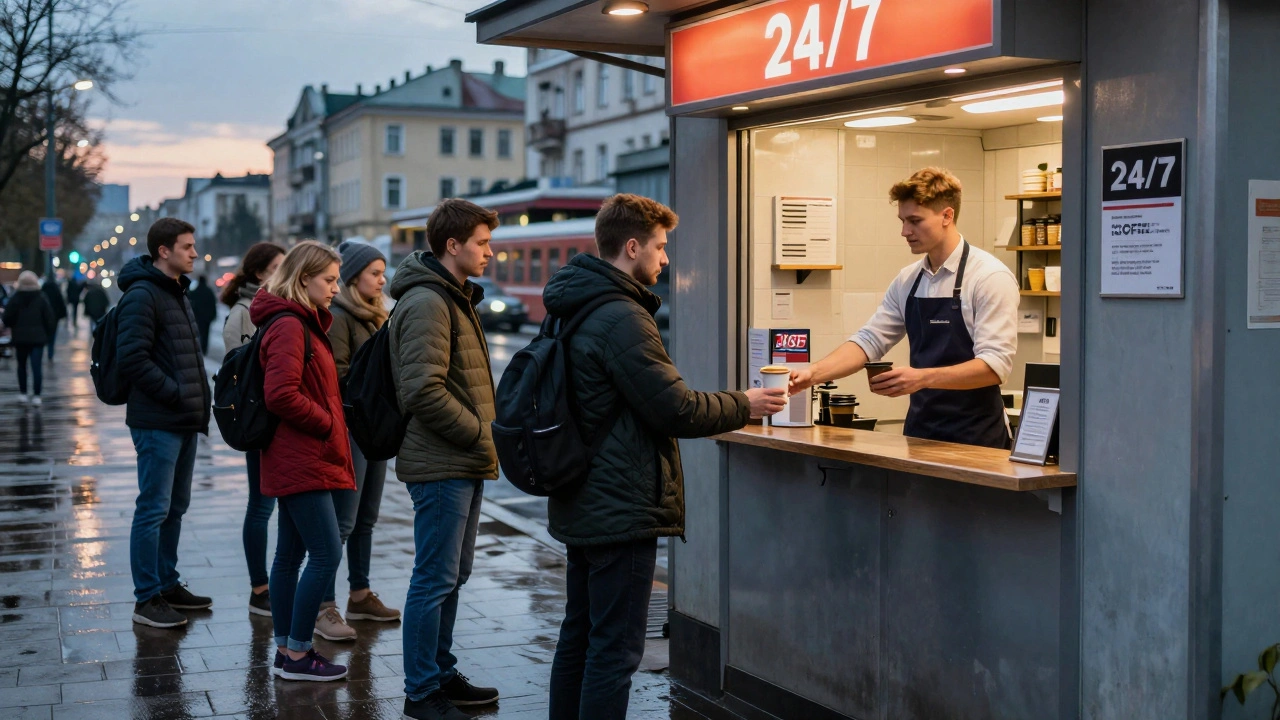 Бариста вночі роздає каву пасажирам біля київського вокзалу під підсвіченими вивісками.