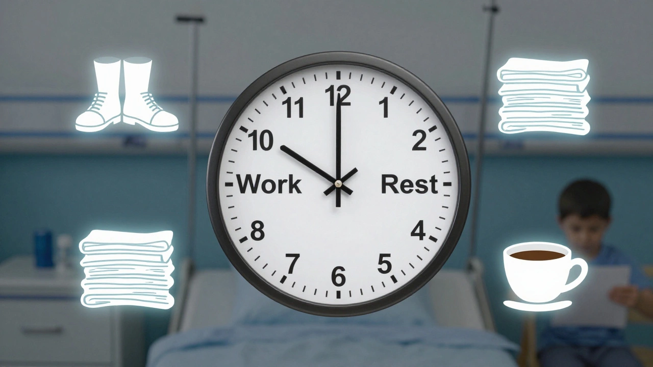 Годинник з символами роботи та відпочинку, оточений взуттям, білизною, малюнком дитини та кавою.