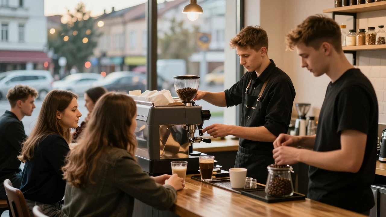 Група клієнтів і бариста в кав’ярні Києва — один навчає підлітка готувати каву