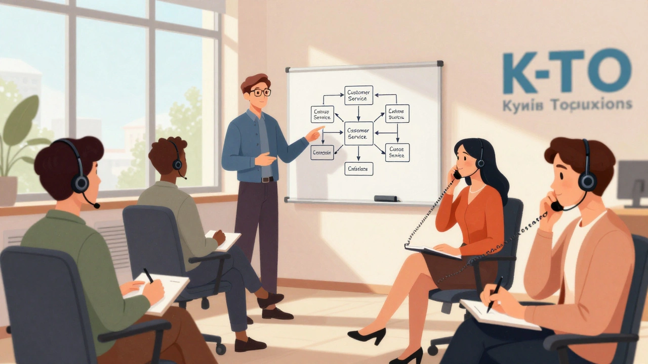 Група працівників кол-центру вчиться на тренінгу, інструктор пояснює процес обслуговування клієнтів.