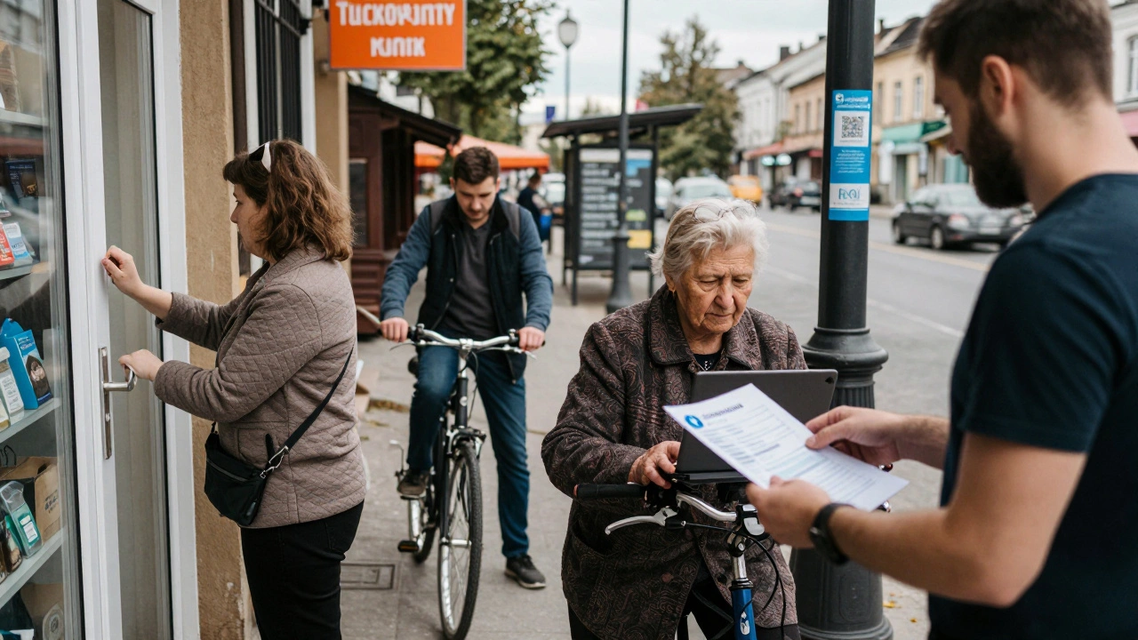 Люди в Києві шукають роботу: хтось стукає у двері аптеки, інший розмовляє з бариста, третій перевіряє вакансії в соцмережах.