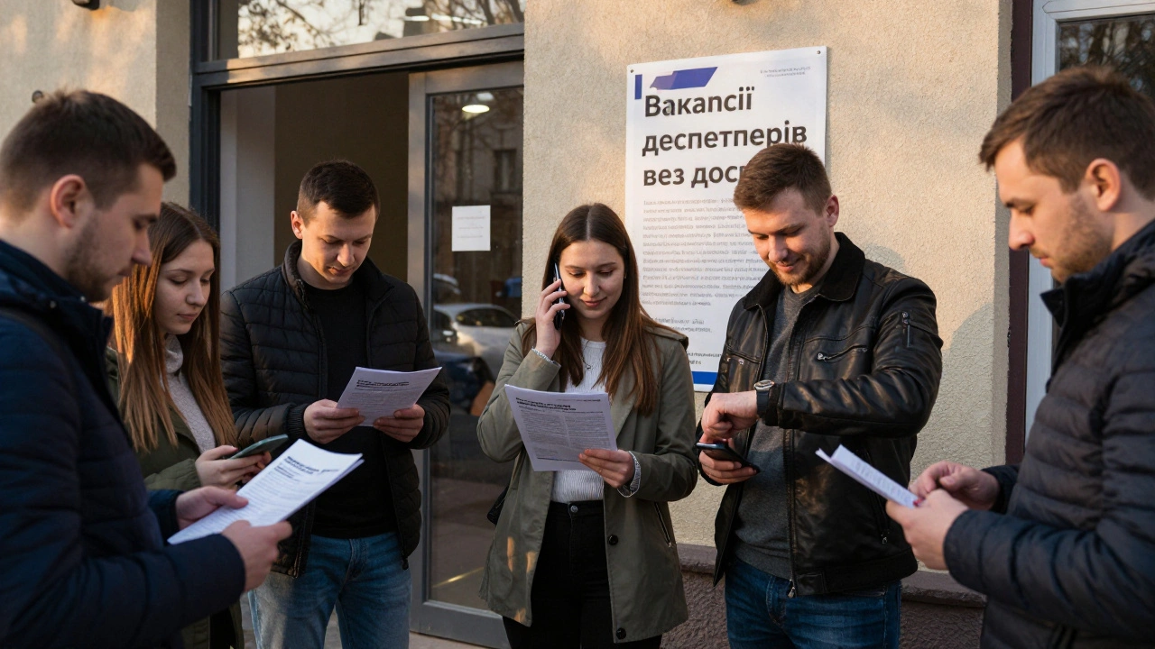 Люди з заявками на роботу диспетчера чекають перед офісом логістичної компанії на світанку.