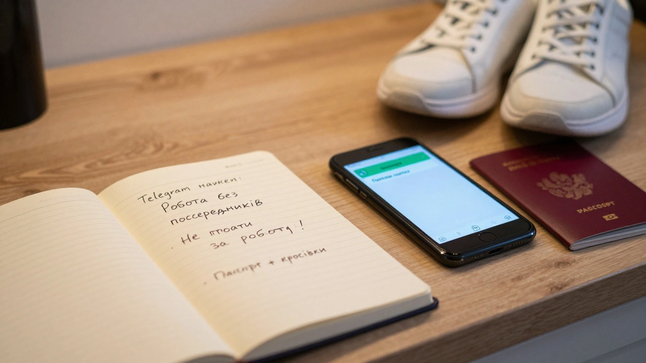 На кухонному столі — зошит з порадами про роботу, телефон з підтвердженням прийняття на роботу і чисті кросівки.