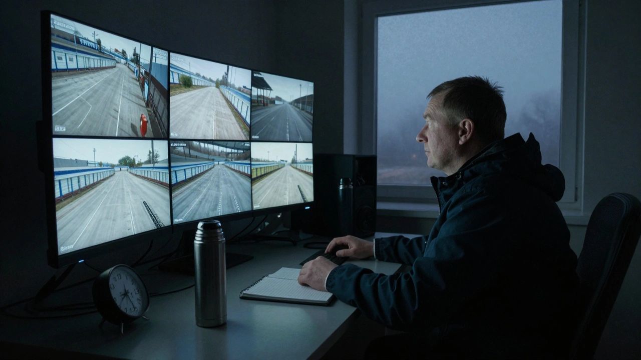 Охоронець на складі в Борщагівці контролює камери вночі, сидячи за столом з журналом.
