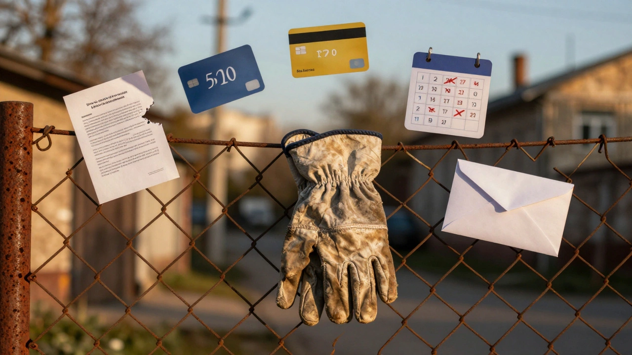 Парі робочих рукавичок, що висять на ланцюговому паркані, з символами втраченого майбутнього.