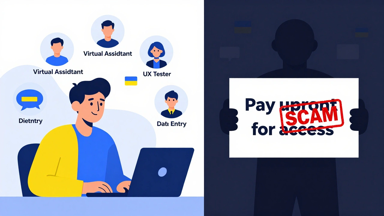 Порівняння: реальні віддалені роботи зі шахрайськими пропозиціями, українські прапори над легальними вакансіями.