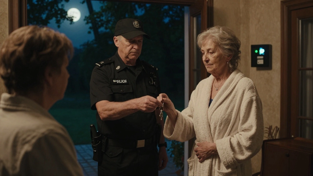 Пожила жінка-охоронець допомагає мешканцю в приватному будинку на околиці Києва.