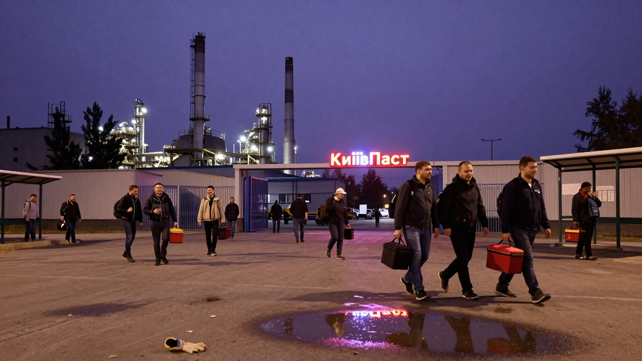 Працівники виходять з заводу в Києві після зміни, під neon-табло 'КиївПласт'.