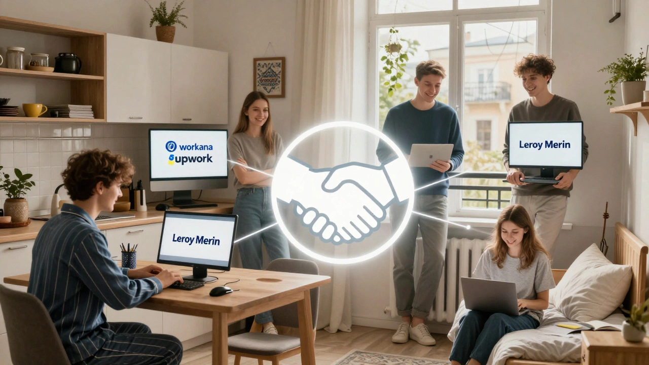 Різні люди з усіх куточків України працюють віддалено, їхні екрани відображають відомі українські компанії.