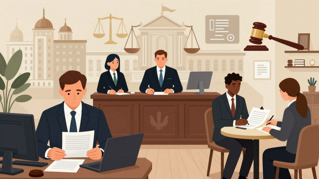 Різні юристи в Києві працюють у різних середовищах: у суді, офісі та кафе.