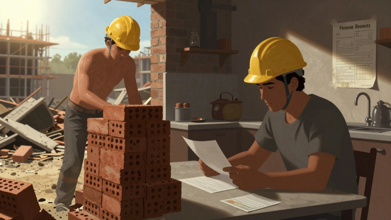 Робітник на будівництві поруч із поглядом на порожній банківський витяг вдома.