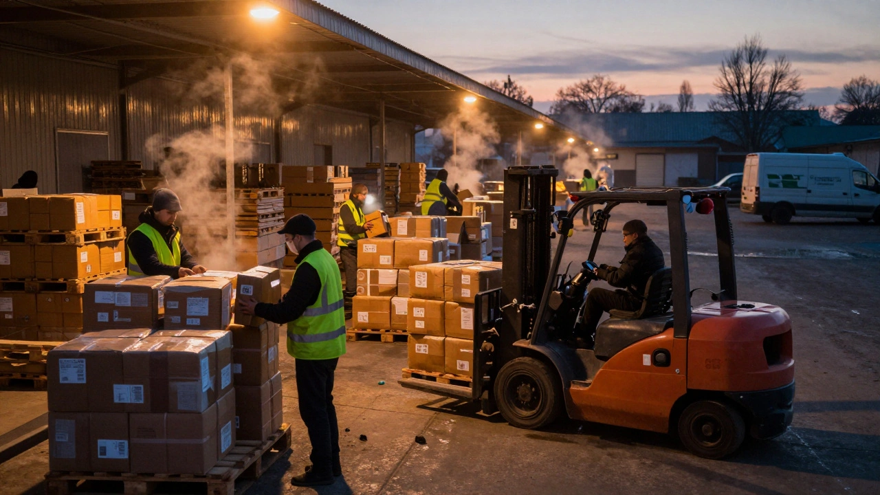 Робітники на логістичному терміналі Нова Пошта в Голосіївському районі ранком, завантажують посилки.