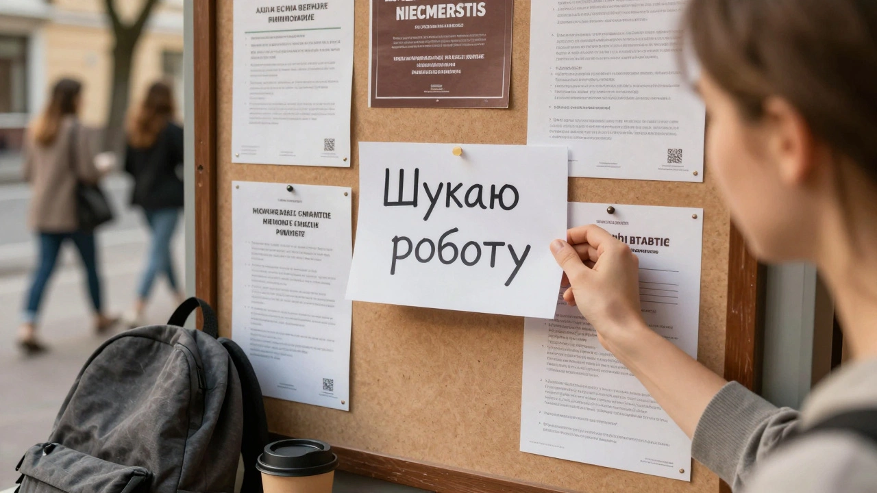 Рука кладе записку про пошук роботи на дошку оголошень на вулиці Кіровоградській.