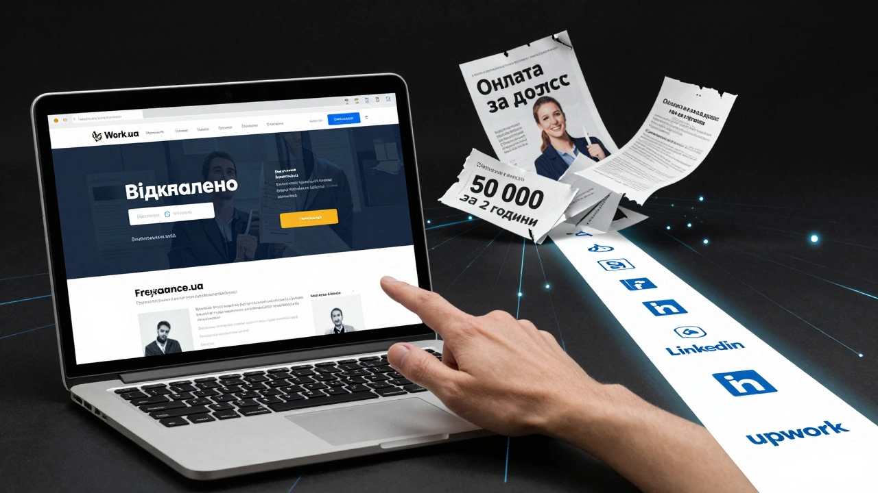 Рука клікає на сайт Work.ua, поруч — знищені шахрайські пропозиції, а до надійних платформ веде світлий шлях.