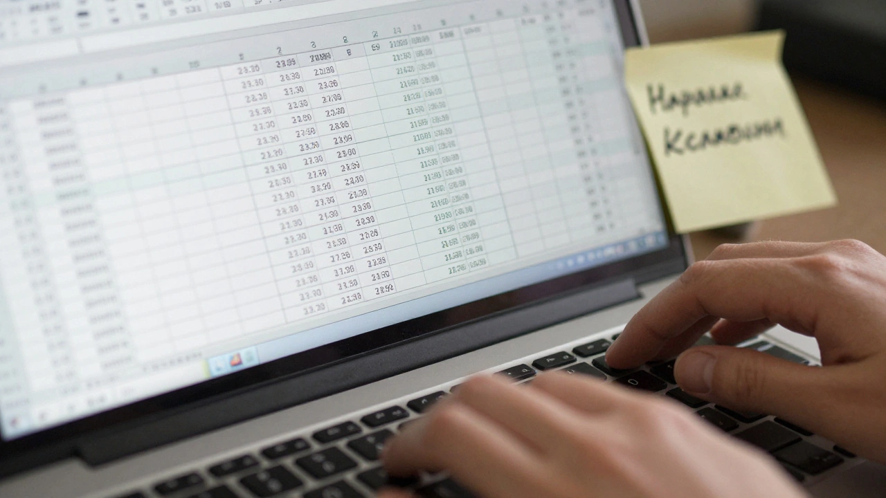 Рука набирає на клавіатурі, біля монітора — таблиця Excel і наклейка з нагадуваннями українською мовою.