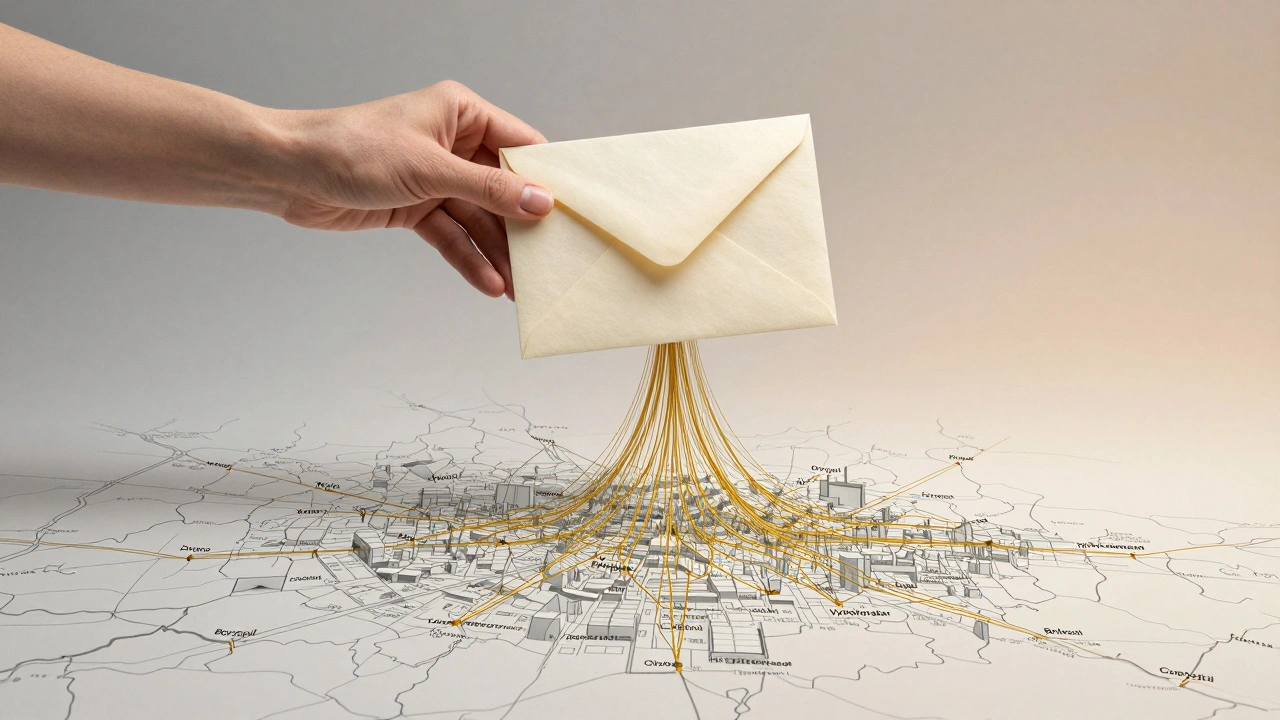 Рука тримає конверт, з якого виходять золоті нитки до районів Києва, символізуючи мережу домашніх працівників.