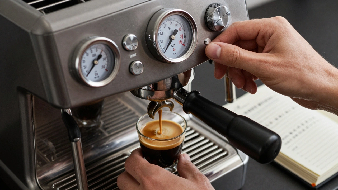 Руки баристи налаштовують еспресо-машину, поруч — чистий еспресо з кремою і нотатки