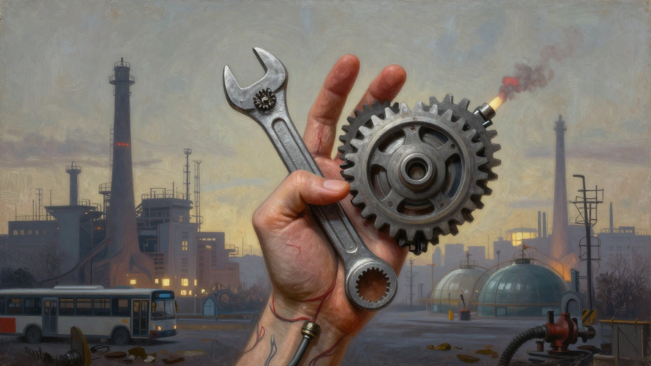 Символічна композиція: рука людини перетворюється на механізм, що підтримує промислові об'єкти Києва.