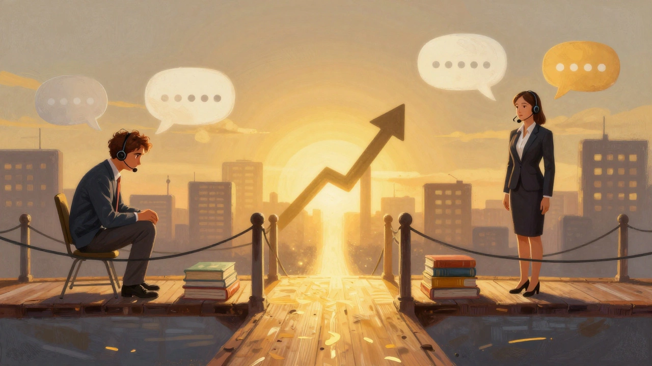 Символічна сцена: новачок іде шляхом з кол-центру до керівництва, зображення росту та розвитку.