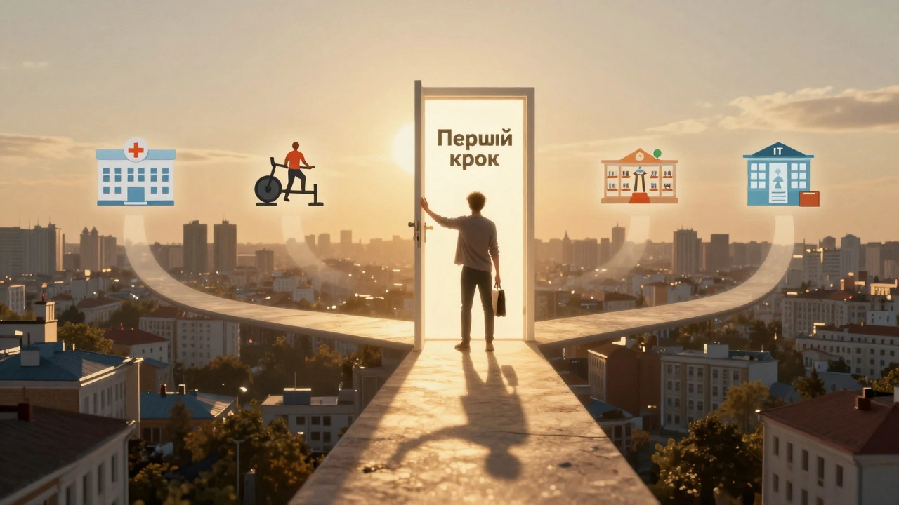 Світла двері з написом 'Перший крок' ведуть до різних робочих місць над панорамою Києва.