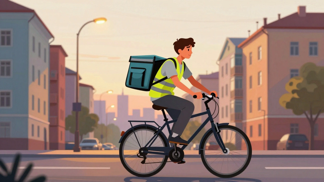 Teen boy delivering food on a bicycle through Kyiv streets at sunset.