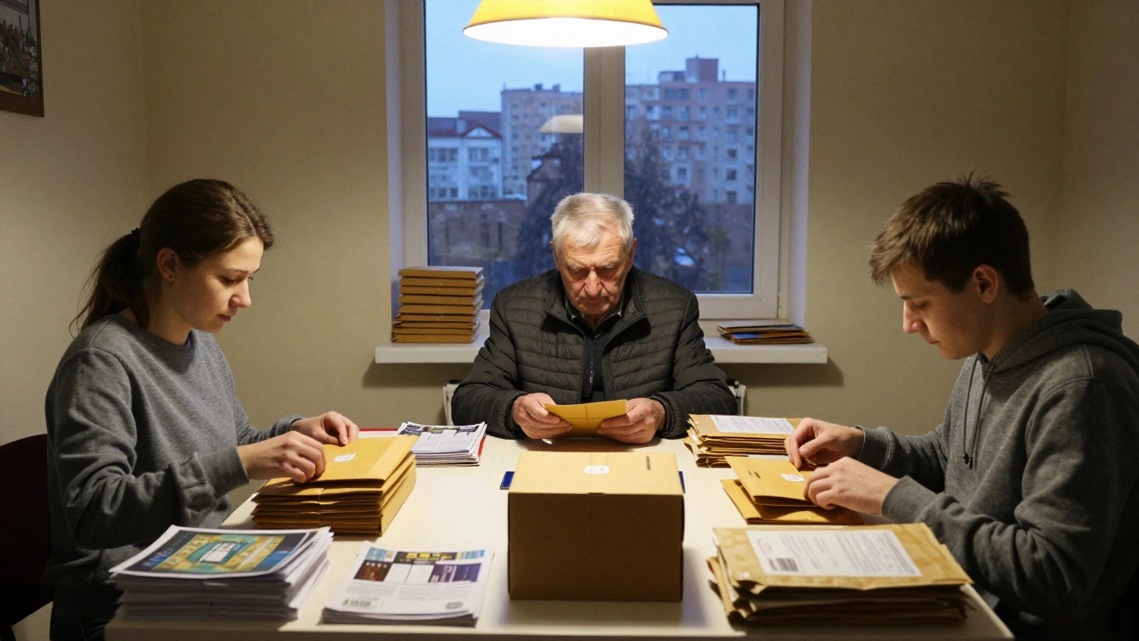 Три різних люди працюють вдома в Києві, заповнюючи конверти — мати, пенсіонер і студент — у теплому освітленому просторі.