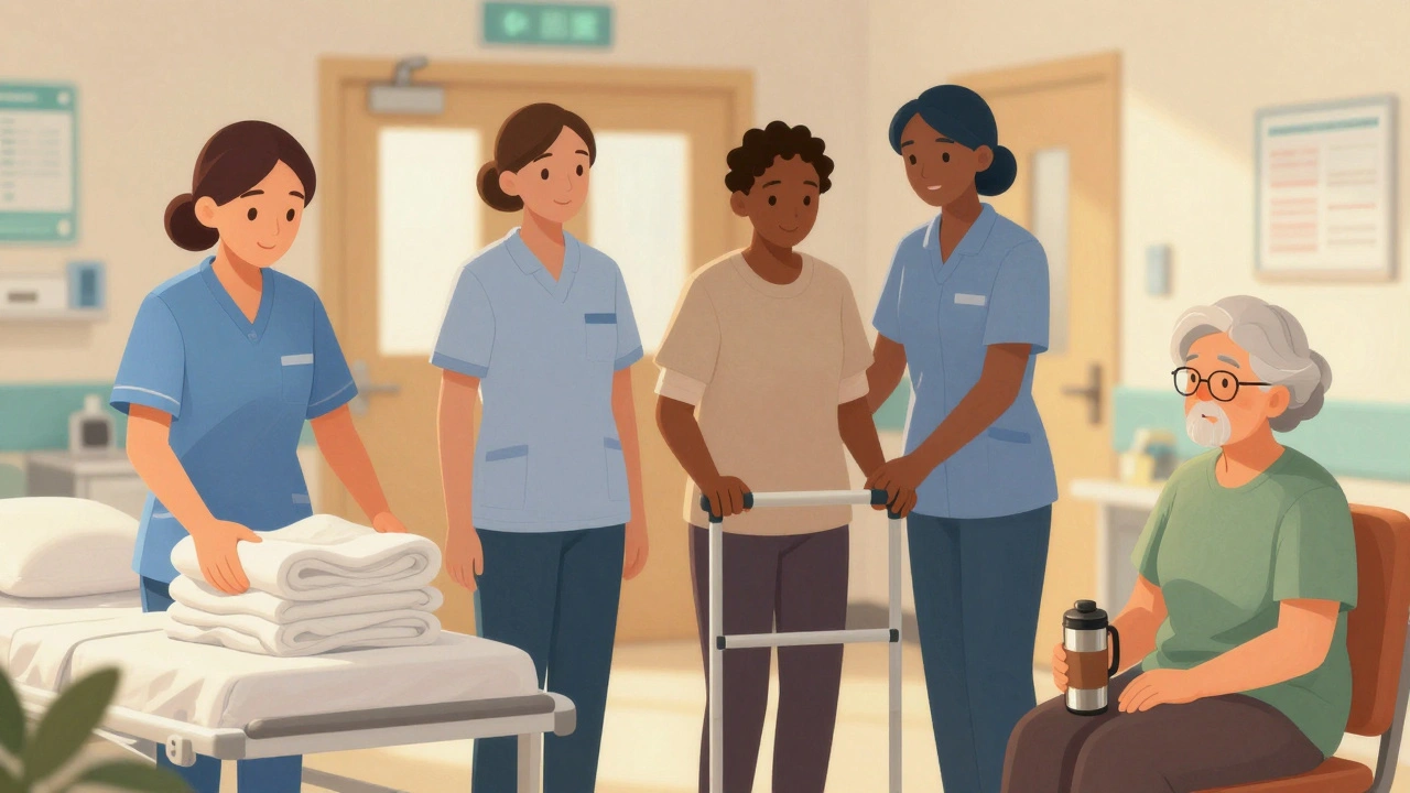 Три жінки різного віку працюють як санітарки: одна складає білизну, інша допомагає пацієнту, третя відпочиває.