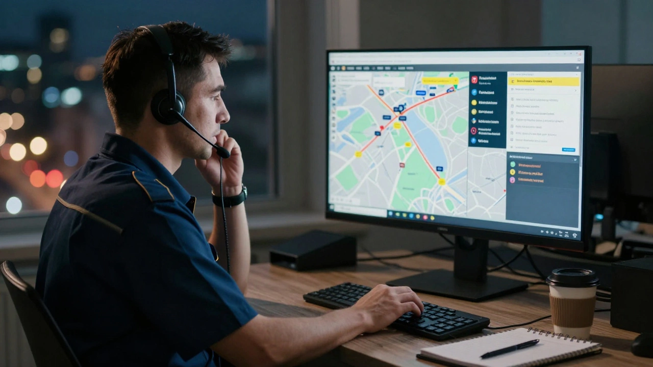 Українська диспетчерка спокійно керує кількома викликами вночі, за нею — екран з трекінгом доставок.