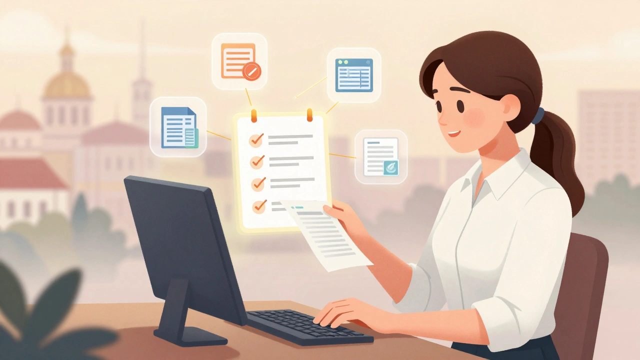 Жінка-бухгалтер з елементами завдань: звіти, зарплата, платежі, документи