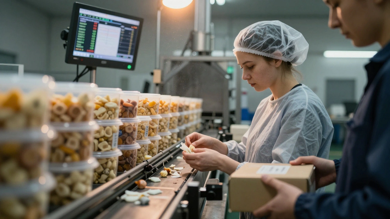 Жінка-контролер якості перевіряє вироби на конвеєрі на заводі в Києві.