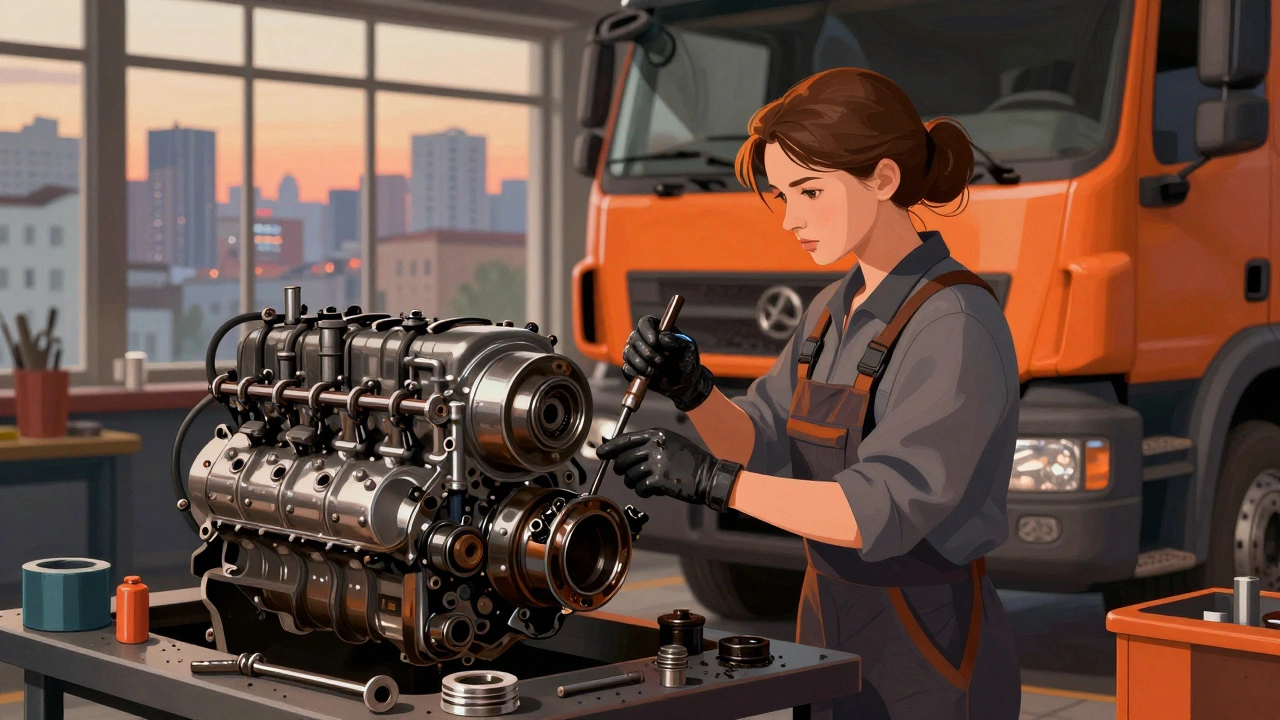 Жінка-слюсар чинить двигун вантажівки в автосервісі Києва, за нею — вид на міський пейзаж.